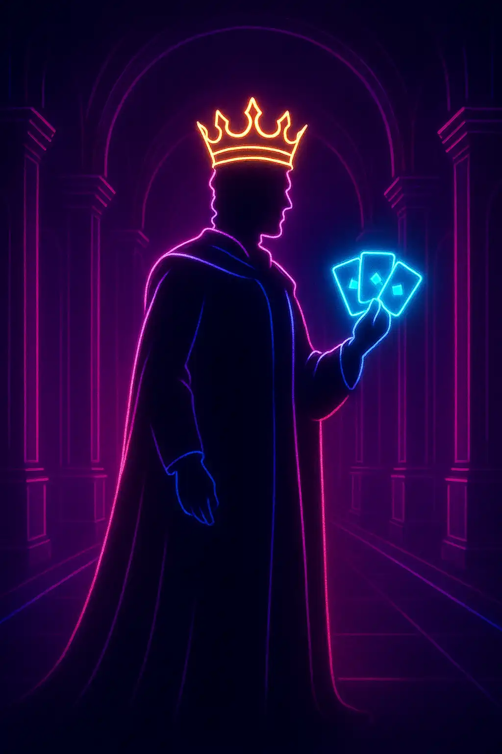 Royal king figure outlined in neon light holding glowing golden playing cards