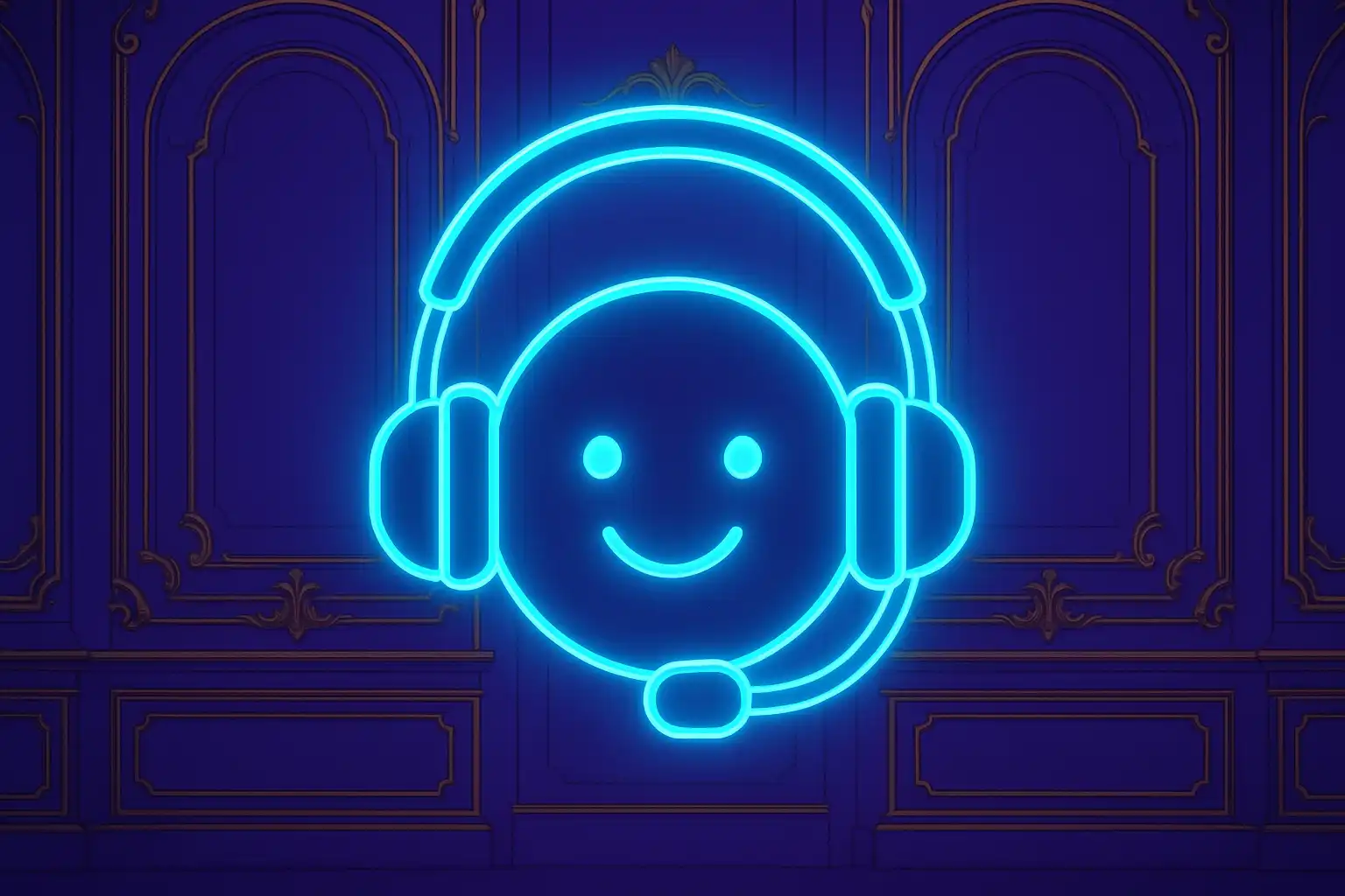 Illustration of a glowing neon customer support headset in a royal purple palace setting